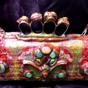 OOAK Artist CUSTOM Art Nouveau Victorian Skull Brass Knuckle Clutch Purse